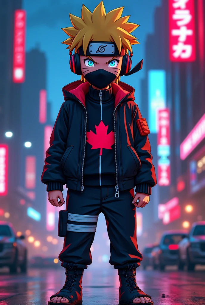 portrait, neon, 1 boy, shonen style, spiky blonde hair, scratches on cheeks, black and red clothing, leather jacket, jeans, boots, bandana with leaf symbol, perfect eyes, cool, blue eyes, full body, color --name Naruto Uzumaki --night background city with futuristic buildings and holograms add headphones and eyes is Sharingan and face mask add