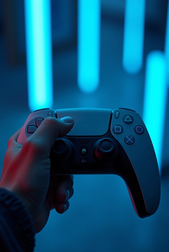 First person view seeing male hand holding PlayStation 5 video game controller with both hands with details and background with BLUE neon stripes and large blurred television