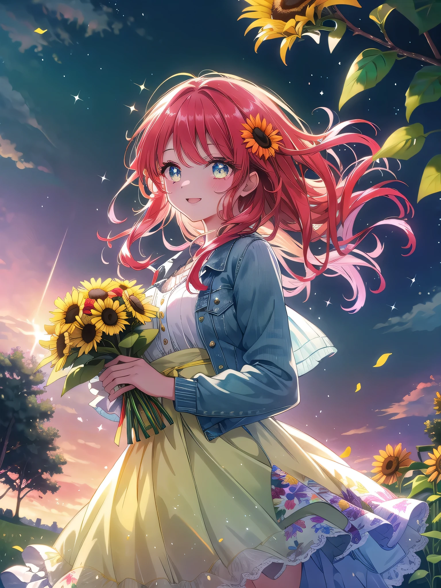 ((8k, Highest quality, masterpiece: 1.3)),Ultra-high resolution,(1 girl, alone), (Color changing eyes, Ultra-detailed, Expressive brilliance, Glitter, Glowing Eyes), Highly detailed eyes, Highly detailed face, Random Hair, ((pastel colour))Visualize a woman in a sunlit park, surrounded by tall, flowering trees and lush green grass. She holds a grand bouquet of vibrant wildflowers including lavender, sunflowers, and poppies, wrapped in bright yellow paper with colorful ribbons. Her long, red hair is styled in loose waves that flow in the breeze. She is dressed in a stylish yet comfortable outfit: a light blue denim jacket over a floral sundress. She’s extending the bouquet towards the camera with a wide, heartfelt smile and slightly flushed cheeks, her eyes sparkling with genuine happiness. The background features a glowing sunset with rays of light filtering through the trees, and gentle flares and light particles, enhancing the joyous, celebratory vibe.