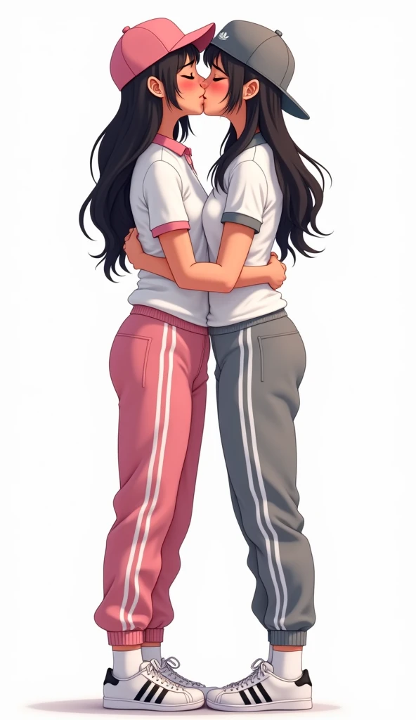 Two girls long black hairs, yuri, lesbian
The first girl wear a white polo shirt pink shirt collar pink sleeves, pink cap, pink adidas sweatpants with three white stripes.
The second girl wore a white an polo shirt grey shirt collar grey sleeves, grey cap, grey adidas sweatpants with three white stripes.
They are wear the white socks and white adidas sneakers. The hem of their shirt was tucked into their pants.
french kiss, lesbian kiss, hugging, sensual body, closed eyes, white background, novel cartoon, 4K, HD