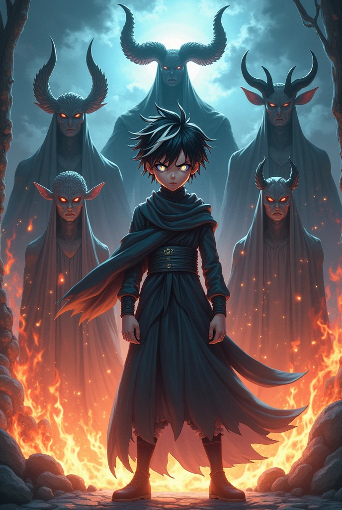 Create for me a boy of the male gender with black hair and white streaks and white eyes. He is in the front with a batkha pose and behind there are five puppets, one with fire characteristics, another poison, another with storm, another darkness and the last one fights with horns like the minitaur., the image is anime, the puppets have human characteristics