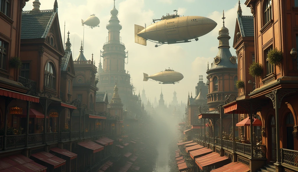 a steampunk city, Victorian buildings, steam-powered machines, airships floating over the horizon, ornate gears, copper pipes, brass accents, intricate clockwork mechanisms, foggy atmosphere, moody lighting, sepia tones, highly detailed, cinematic, award winning, 8k, hyper realistic, photorealistic