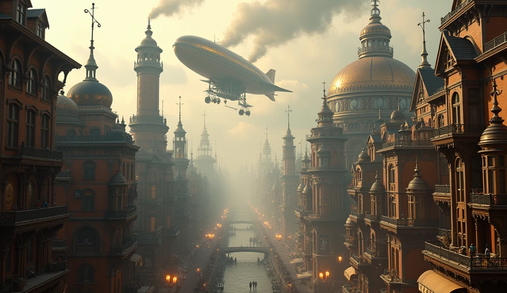 a steampunk city, Victorian buildings, steam-powered machines, airships floating over the horizon, ornate gears, copper pipes, brass accents, intricate clockwork mechanisms, foggy atmosphere, moody lighting, sepia tones, highly detailed, cinematic, award winning, 8k, hyper realistic, photorealistic
