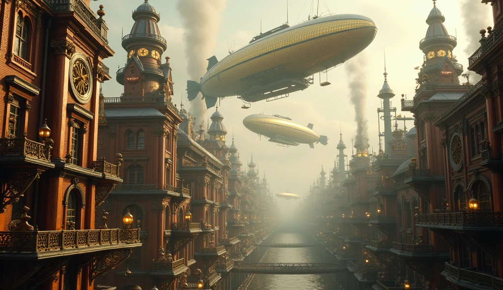 a steampunk city, Victorian buildings, steam-powered machines, airships floating over the horizon, ornate gears, copper pipes, brass accents, intricate clockwork mechanisms, foggy atmosphere, moody lighting, sepia tones, highly detailed, cinematic, award winning, 8k, hyper realistic, photorealistic