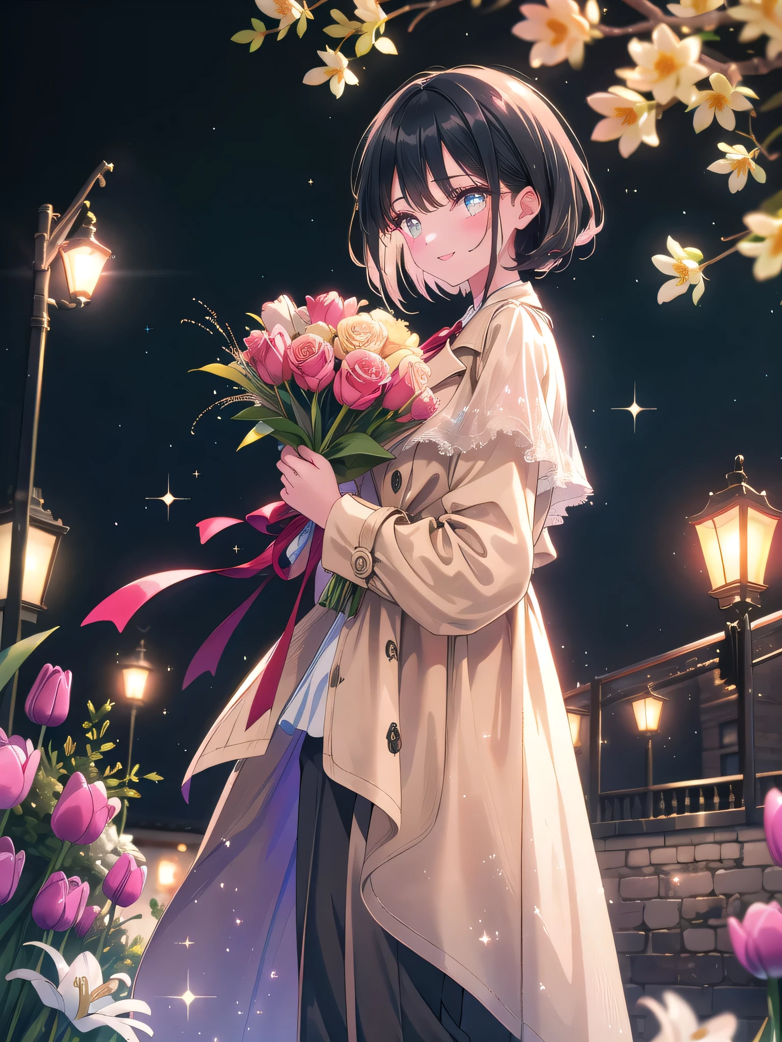 ((8k, Highest quality, masterpiece: 1.3)),Ultra-high resolution,(1 girl, alone), (Color changing eyes, Ultra-detailed, Expressive brilliance, Glitter, Glowing Eyes), Highly detailed eyes, Highly detailed face, Random Hair, ((pastel colour))Create a scene with a woman standing on a quaint cobblestone street, surrounded by old European-style buildings adorned with vibrant flower boxes. She is holding an extravagant bouquet of pink tulips, red roses, and white lilies, wrapped in luxurious satin fabric with golden accents. Her sleek, straight black hair is neatly styled, and she wears a classy yet modern outfit: a tailored beige trench coat over a soft pastel blouse and fitted trousers. She’s leaning slightly forward, offering the bouquet with a gentle, sincere smile and eyes full of warmth and kindness. The scene is lit by vintage street lamps casting a soft glow, with light fog and sparkling particles swirling in the air, creating a romantic, enchanting atmosphere that captures the essence of heartfelt celebration.