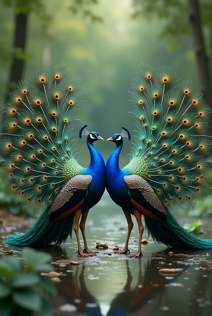 Create an image of two peacocks facing each other with their tails facing up.