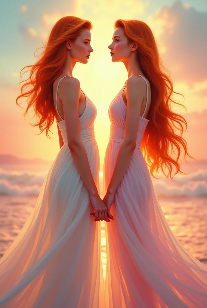 Prompt 20240827 090800 15 A full body image of a 2 young woman, standing tall and poised at the center of the frame. Her striking ginger hair cascades in vibrant waves down her back, catching the light and creating an almost magical glow. She wears a simple yet elegant gown that softly flows around her legs, its light fabric moving gently with the breeze. The background, a soft blend of pastel hues—blush pinks and serene blues—creates a dreamy, ethereal atmosphere. The warm sunlight bathes her in a golden glow, highlighting the delicate contours of her face, neck, and shoulders. Her arms hang loosely by her sides, and she exudes an air of quiet strength and serene confidence. Her expression is calm and inviting, drawing the viewer in. The overall atmosphere is one of peaceful beauty, with every detail harmonizing to create a portrait of tranquil elegance. Rendered in a vibrant comic style reminiscent of Carne Griffiths and Dan Mumford, the artwork showcases perfect anatomy and intricate details, from the delicate curves of her exposed chest to the dynamic flow of her hair.