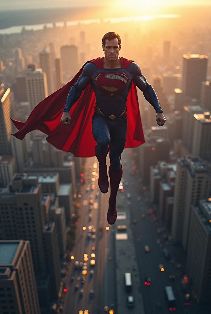 Superman flies over the city