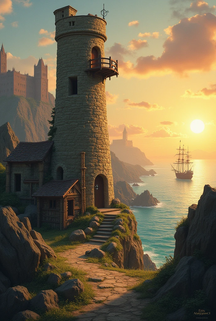 Create a landscape with a tall, rustic, rocky tower , The tower will only have a small window at the top and a balcony , without door (Tangled movie style) near a rustic house , In the background an ocean with a pirate ship floating  , a castle further in the background near a sunset