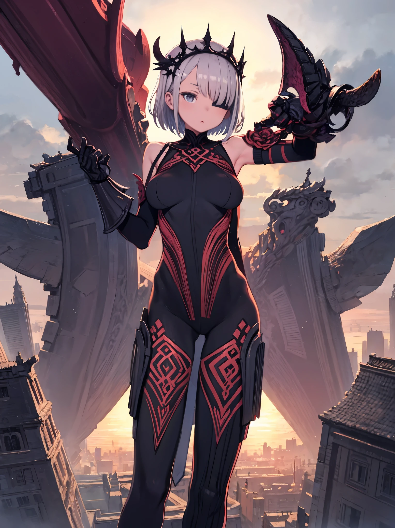 fantasy, 1girl,young_teen, ,silver_hair, short_hair, long_bangs, bare_shoulder,thighhighs,silver_armor, waist_armor, large_breasts,half_eyes,floating, bare_crotch, headgear,gauntlet, greaves,city_background,slightly_spread_legs, solo, groin_naked,hair_over_one_eye, lean back,open_legs,