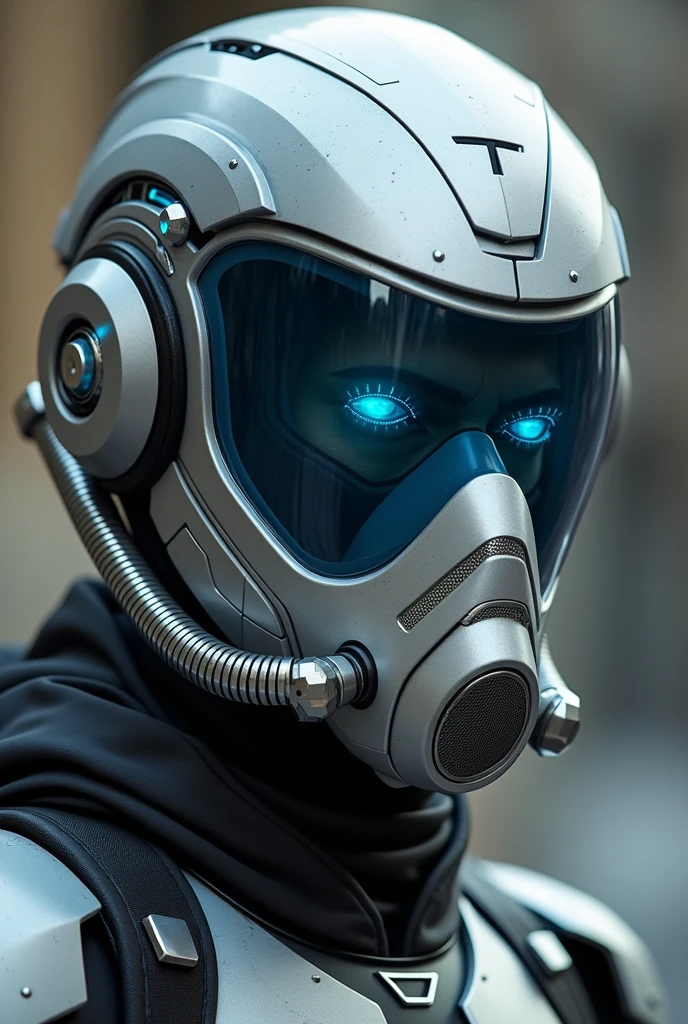 1 man, silver motorcycle helmet, snorkeling mask, portrait close up. Silver two pipe tube from mouth to head. Future design.. high tech. Wear google safety eyes glowing blue. The tube connect from head to mouth. Future headphone design blue led light detail. Starlord helmet design concepts. Very detail . High tech costume. Marvel. T shape on the helmet.