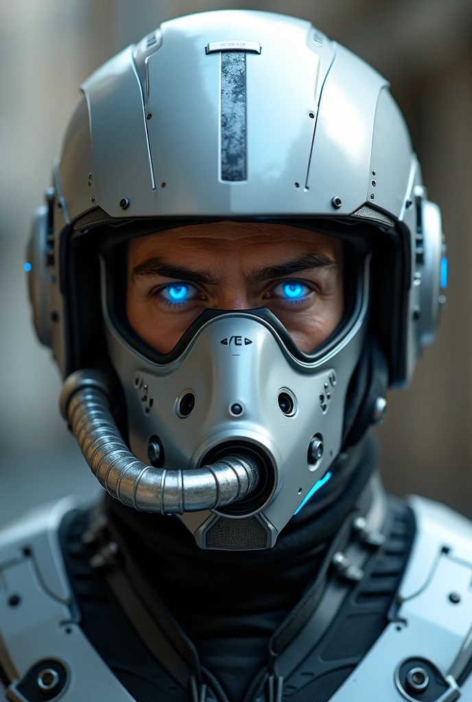 1 man, silver motorcycle helmet, snorkeling mask, portrait close up. Silver two pipe tube from mouth to head. Future design.. high tech. Wear google safety eyes glowing blue. The tube connect from head to mouth. Future headphone design blue led light detail. Starlord helmet design concepts. Very detail . High tech costume. Marvel. T shape on the helmet. 