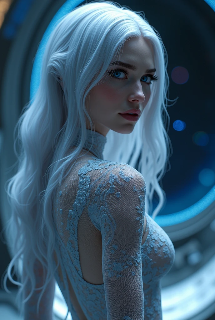 8k, full-body shot taken from the back of beautifull cortana, (intricate, sheer, transparent, translucent, skintight cloth), intricate, beautifull face, her skin should be pale and flawless, With a touch of transcendental beauty, she Should express Calm Confidence, (The background is a futuristic spaceship, (Just a hint of space, stars, galaxys break through the darkness of space)), highly detailed, digital hyperrealistic photography, hyperrealistic photography filigree, shyness, most beautyfull face, (masterpiece, sidelighting, (finely detailed beautifull blue eyes: 1.2)),