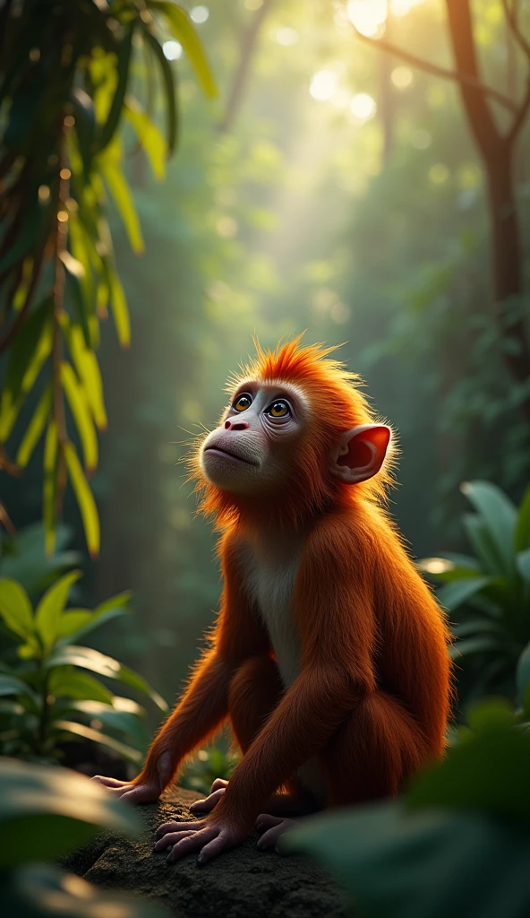 A monkey with red long hair curiously watches a TV program about wild gorillas, living in the jungle. high quality, realistic, Resolution 16 KB, Nikon Z9, digital photography, ultra-textured, realistic photography, Cinematic effect, soft light, soft shadows, high quality volumetric lighting,