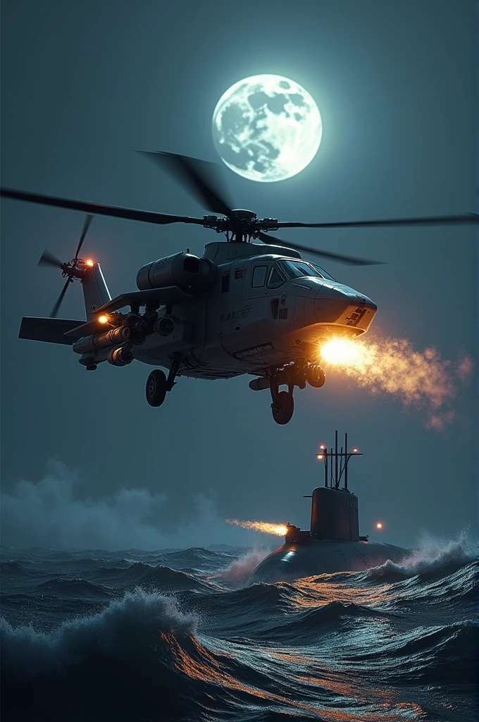 A robotic Helicopter flying in the Sky and Fully Armode with weapons attacking on the Submarine in night and moon and launching a Heavy missile 