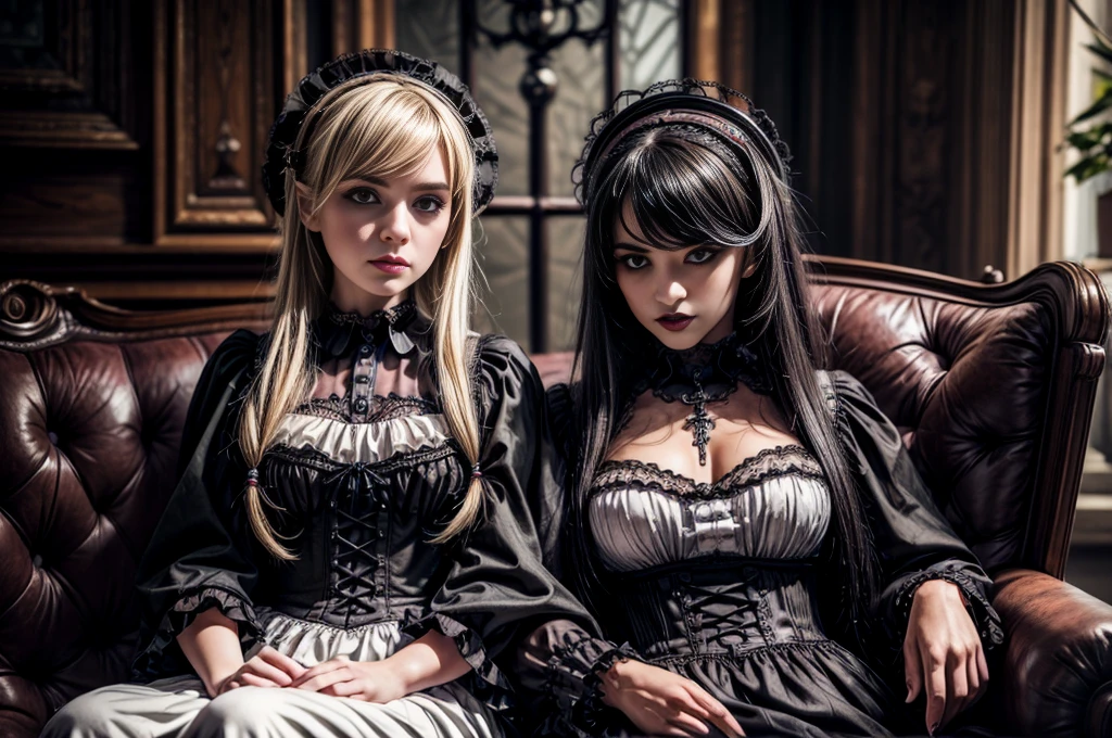 ((masterpiece、top-quality)), (Photo realistic photography:1.4) , (2 gothic lolita:1.5), White Elegance, Highly detailed frills, (intricate details),2 different girls, English females, 18year old, Mystical Beautiful Girls, Very BEAUTIFUL faces, perfect anatomia, perfectly proportions, VERY DETAILED EYES, face perfect, Strong gothic makeup, Whitewashed face, Purple Lipstick, Purple eye shadow, (Heavy makeup:1.4), Pathological beauty, Bright on the face, Details of face, serious faces, blonde and black hair, Long straight hair, Parting aligned bangs, Hair that flutters in the wind, Gothic Lolita costumes, Black bulging with panniers, Very short stature, Very small breasts, ((Two girls sitting close together on a lounge chair)), conceptual art, Reality, godrays, Cinematographic lighting, canon, high details, hiquality, HD fine, 16K resolution, Full body portrait, knee up shot