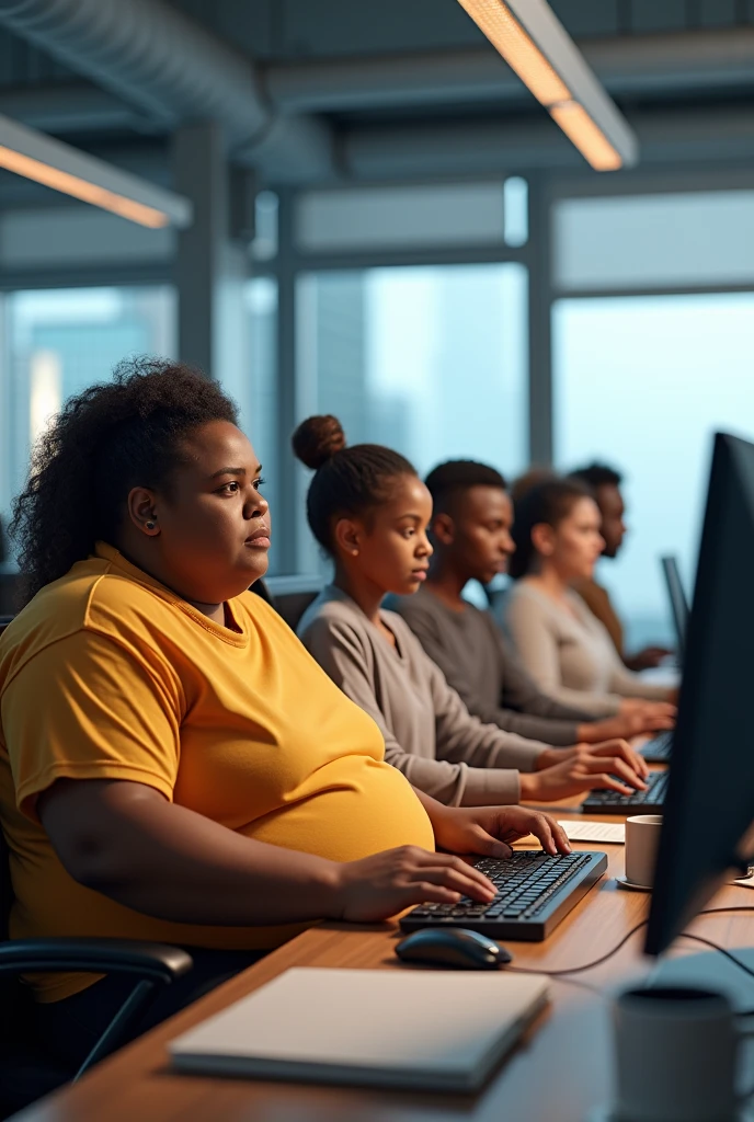 an office with 5 workers, one big and fat, another Indian with standing hair half chubby, another skinny and small, another mulatto and another black African, all using computers