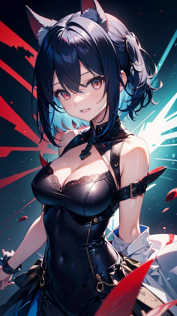 One girl, High resolution, masterpiece, Anatomically correct, accurate, Winner of numerous awards, 最高quality, detail, 高いdetail, High-resolution model, 高quality, quality, Very detailed, Retina, Textured skin, Ultra high definition, Shortcuts, Black Hair, Blue Hair/Light blue hair, Large Breasts, Animal ears, smile, Open your mouth, Red eyes,