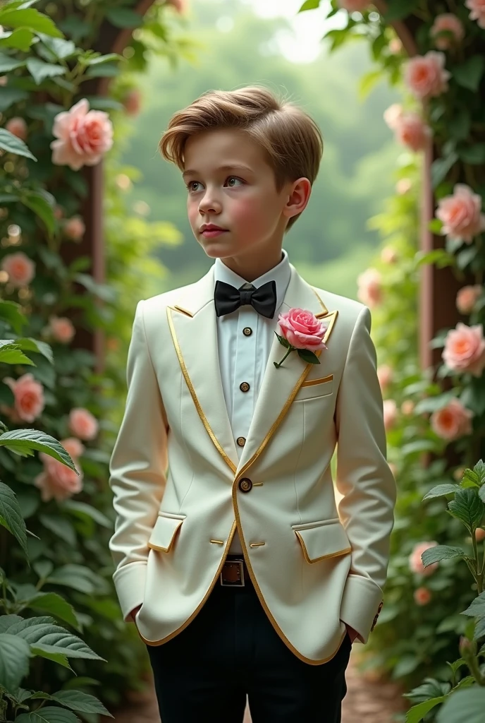 Illusion. Boy wearing white and gold Tuxedo with pink rose in pocket and a black pants with garden background