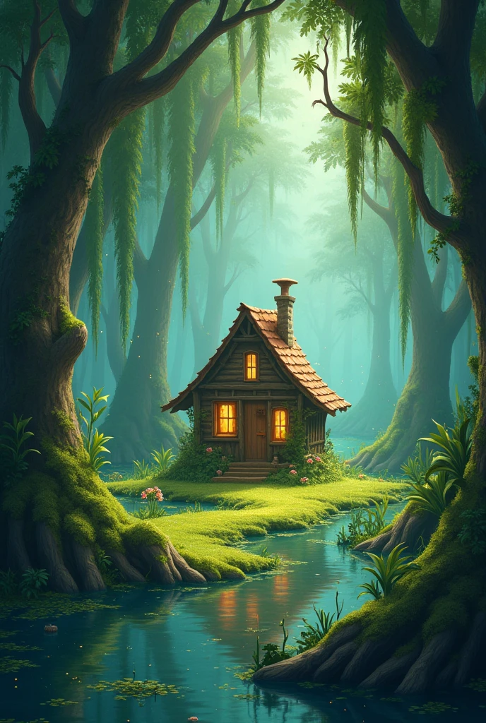 Animated swamp landscape with a little house