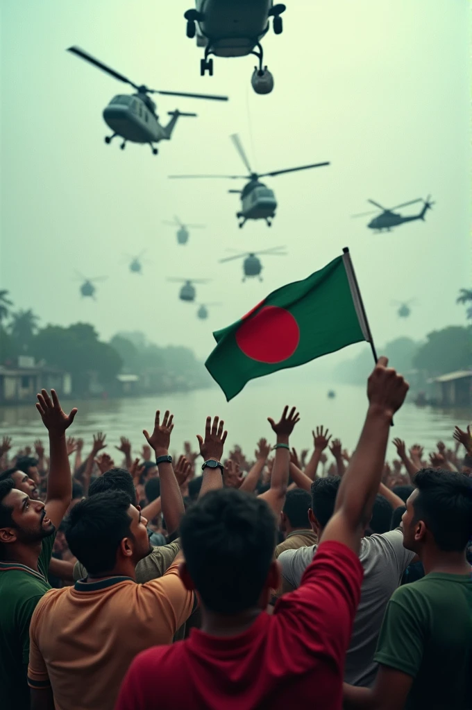 Make a long vertical image where Bangladeshi people asking dor food and helicopters are throwing food to them due to flood and waving bangladeshi flag and make it fb 3d post so that if people scroll down the foods will come to their hand