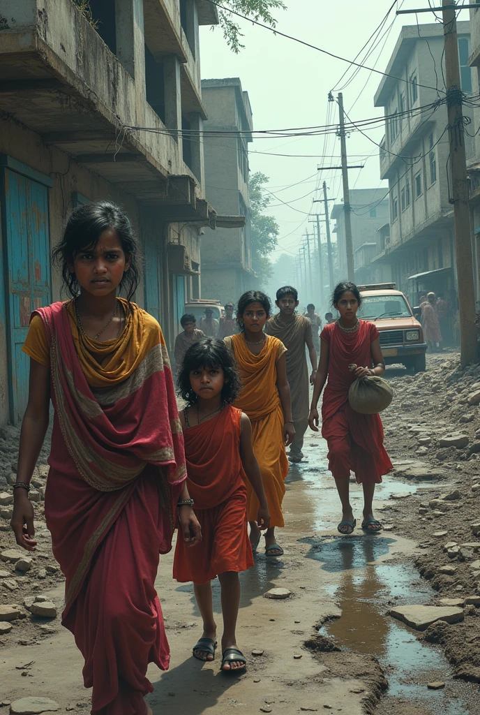 some indian people with their crying kids going to a worst cracked walls hospital beside a wide cracked road with traffic