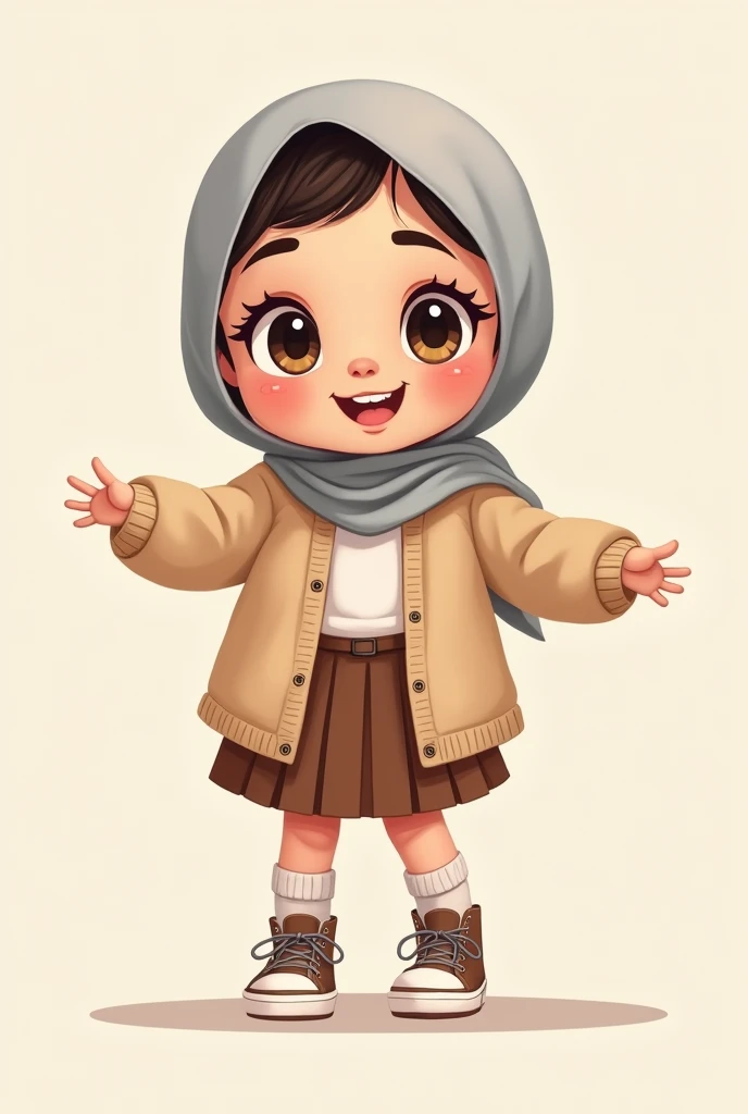 Cartoon with text: 
(Masterpiece, best quality, 4k, expressive eyes, perfect face), cute and adorable girl, little cartoon girl, (beautiful face, detailed eyes), wearing grey hijab, (flat style,, hand drawn style, 2d style, Cartoon artstyle, toon style), (oversized beige cardigan, white shirt, brown skirt, brown socks, air force sneakers), (full body view, funny pose)