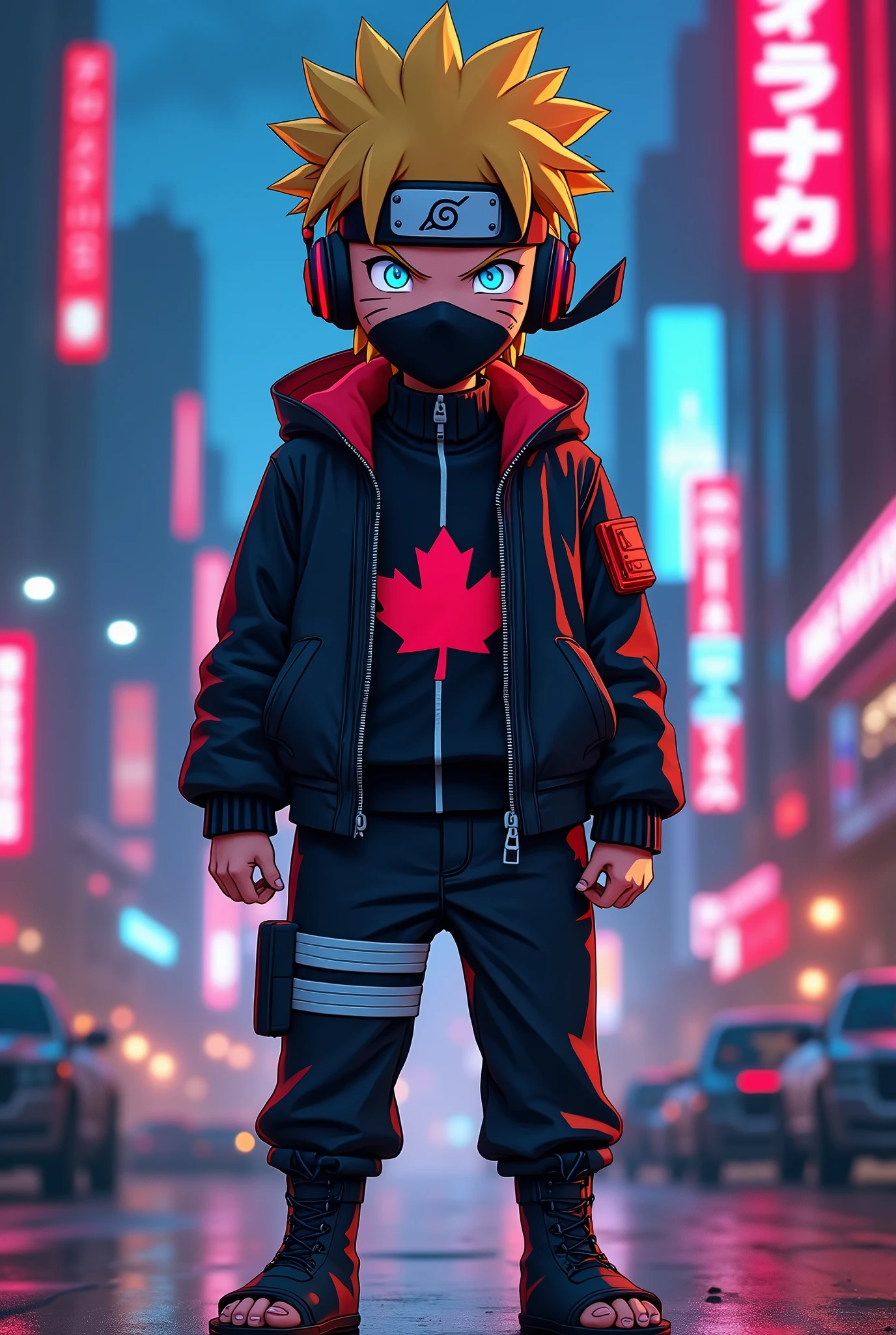 portrait, neon, 1 boy, shonen style, spiky blonde hair, scratches on cheeks, black and red clothing, leather jacket, jeans, boots, bandana with leaf symbol, perfect eyes, cool, blue eyes, full body, color --name Naruto Uzumaki --night background city with futuristic buildings and holograms add headphones and eyes is Sharingan and face mask add