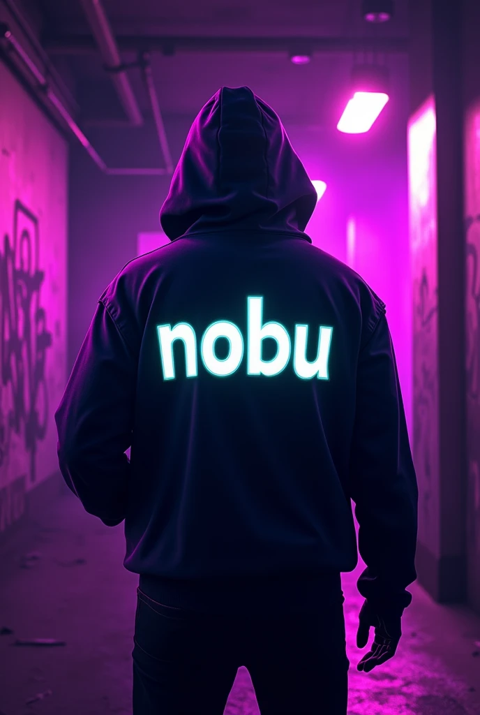 A gaming profile picture of a dark neon purple and green background full with dark graffiti with the text "NOBU" in white, stylized Font. The text is placed on the back of a player wearing a dark purple hoodie. The player is standing in a dimly lit room with purple walls. .