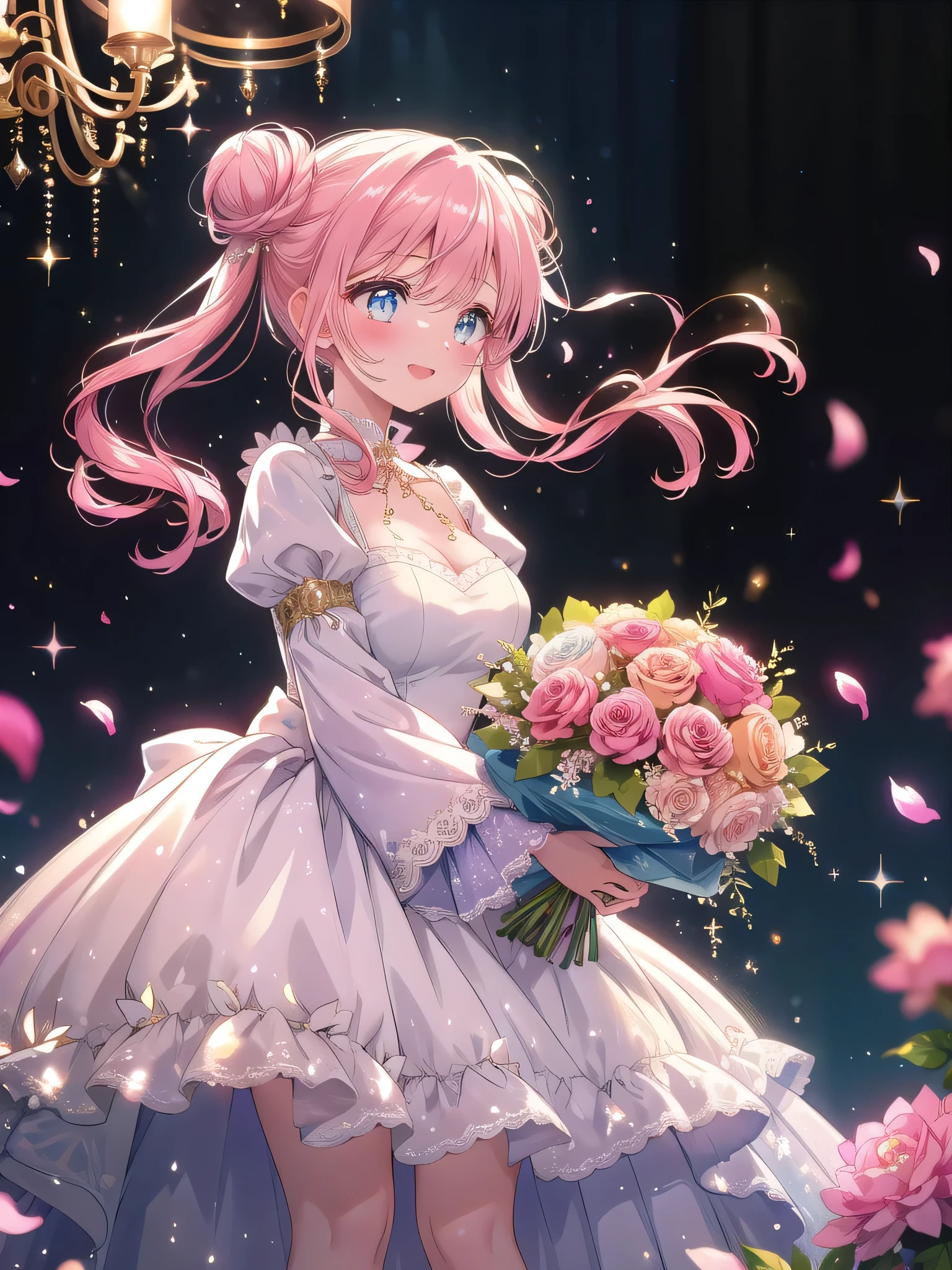 ((8k, Highest quality, masterpiece: 1.3)),Ultra-high resolution,(1 girl, alone), (Color changing eyes, Ultra-detailed, Expressive brilliance, Glitter, Glowing Eyes), Highly detailed eyes, Highly detailed face, Random Hair, ((pastel colour))Imagine a close-up of a woman standing in a warmly lit, elegant banquet hall. She’s holding a large, luxurious bouquet filled with various blooms such as lush pink peonies, white and peach roses, and trailing ivy, all wrapped in a soft blush-colored silk fabric tied with a satin bow. The bouquet is voluminous, nearly covering her torso, with petals gently cascading over the edges, creating a lavish and abundant appearance. Her hair is styled in a loose, side-swept bun with soft curls framing her face, and she’s wearing a refined, pastel blue blouse with delicate lace details at the neckline. She gazes directly at the camera with sparkling eyes and a wide, radiant smile, her expression overflowing with genuine happiness and excitement, as if she’s about to hand over the bouquet to her dearest friend. The background is subtly blurred, with hints of golden chandeliers and softly glowing candles, enhancing the celebratory and heartwarming atmosphere.