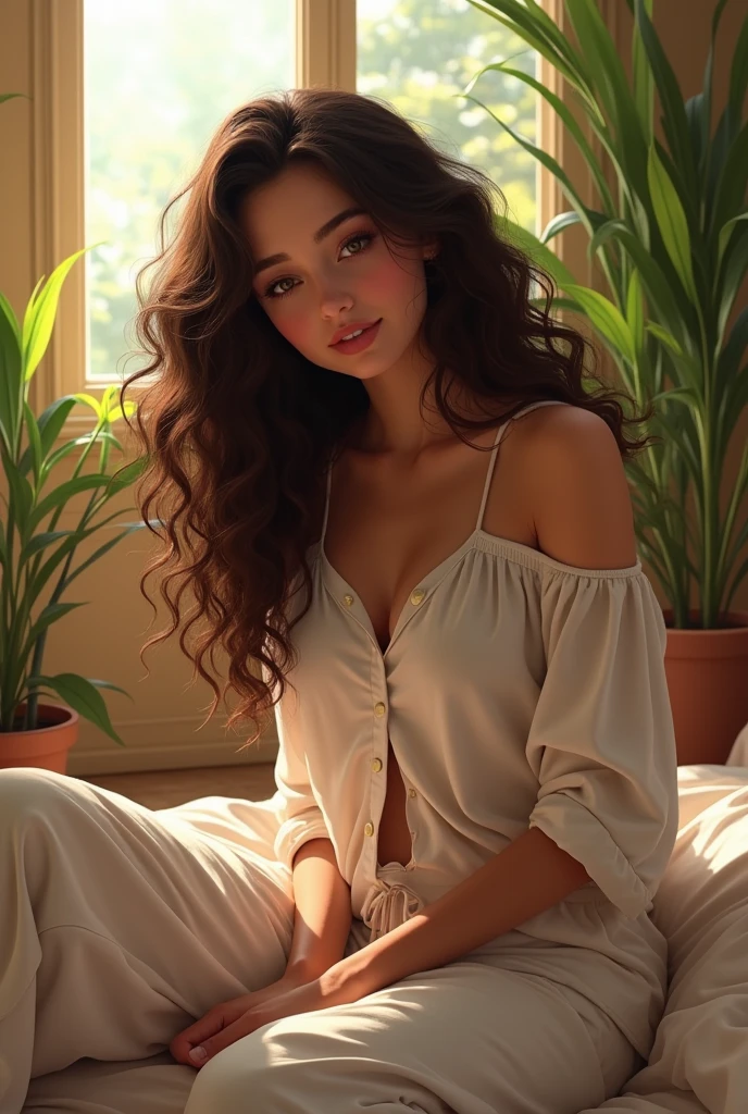 3D cartoon animation style.photorealism:1.2), beautiful woman, sitting on bed, wearing loose off-shoulder top, pajama pants, long curly hair, indoors, soft lighting, plants.