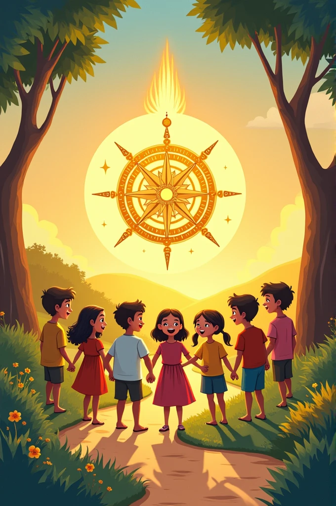 I want to create a kids banner that shows the Liahona from the Book of Mormon acting as a compass to lead modern kids to the right direction. It should be very easy to replicate on paper