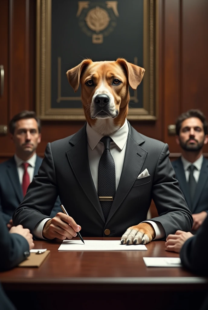 Boss Dog with suit and tie meeting with their share holders
