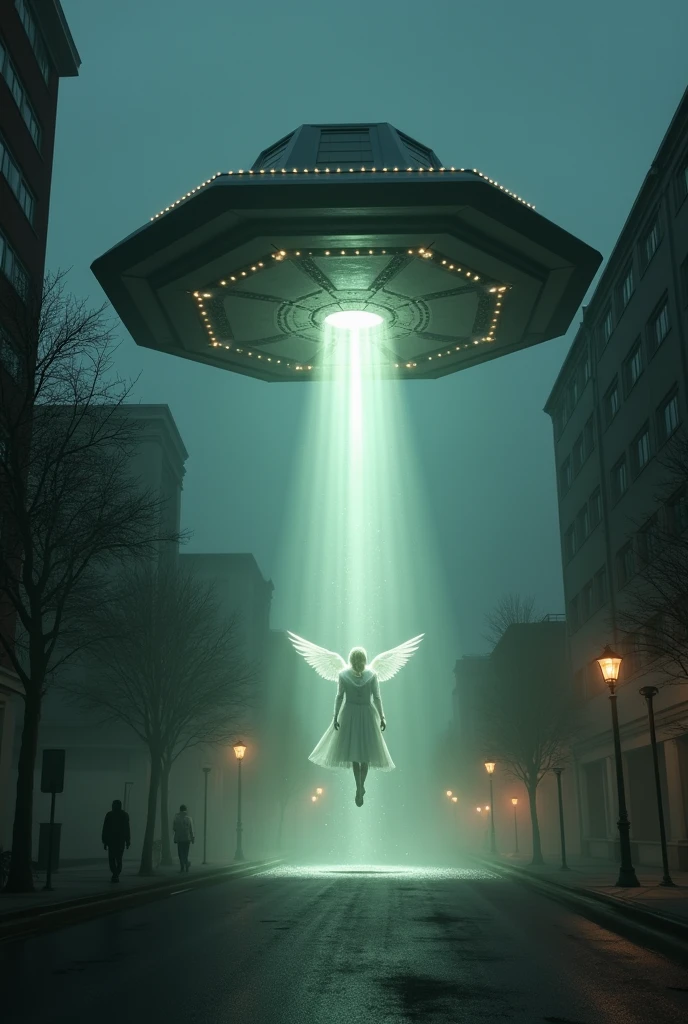 A very strange hexagonal shaped UFO that is flying over a dark street and abducting an Ophanim