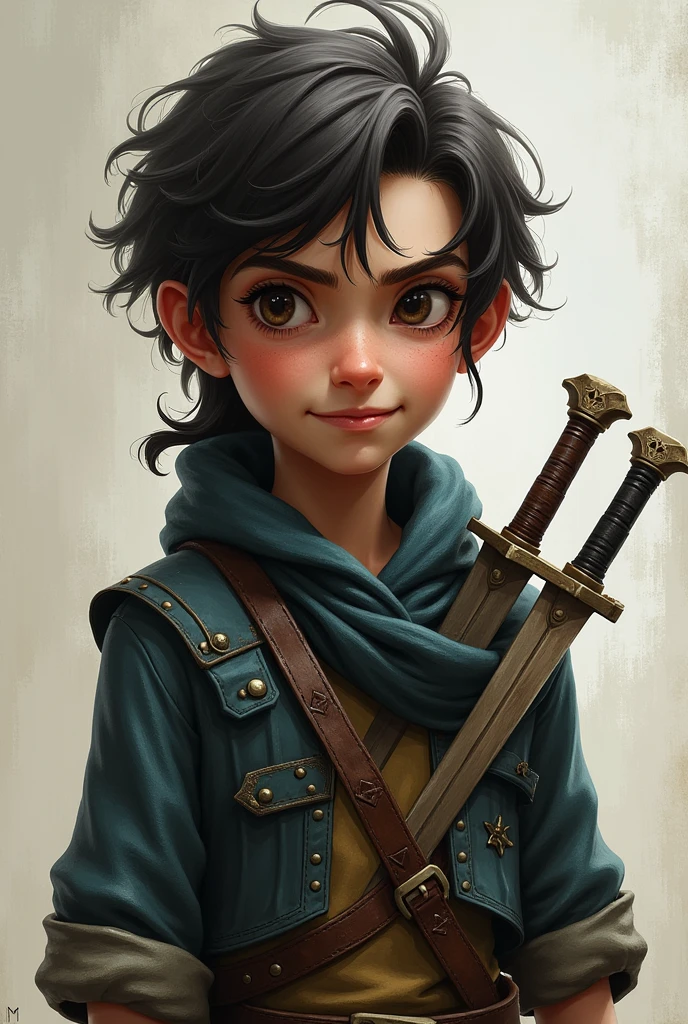 A short rogue with a young man's face, medium to long hair, wears daggers and a sarcastic smile on his face