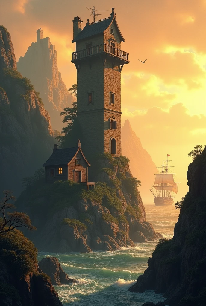 Create a landscape with a tall, rustic, rocky tower , The tower will only have a small window at the top and a balcony , without door (Tangled movie style) near a rustic house , In the background an ocean with a pirate ship floating , a castle further in the background near a sunset