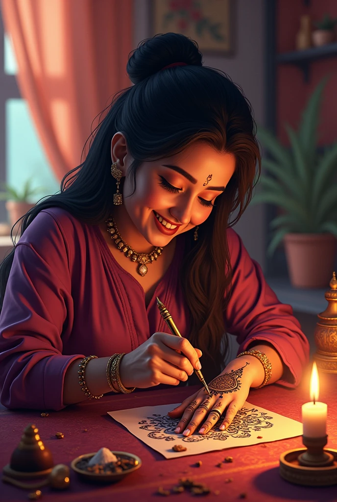 Mehndi artist drawing hena with so much love and excitement 