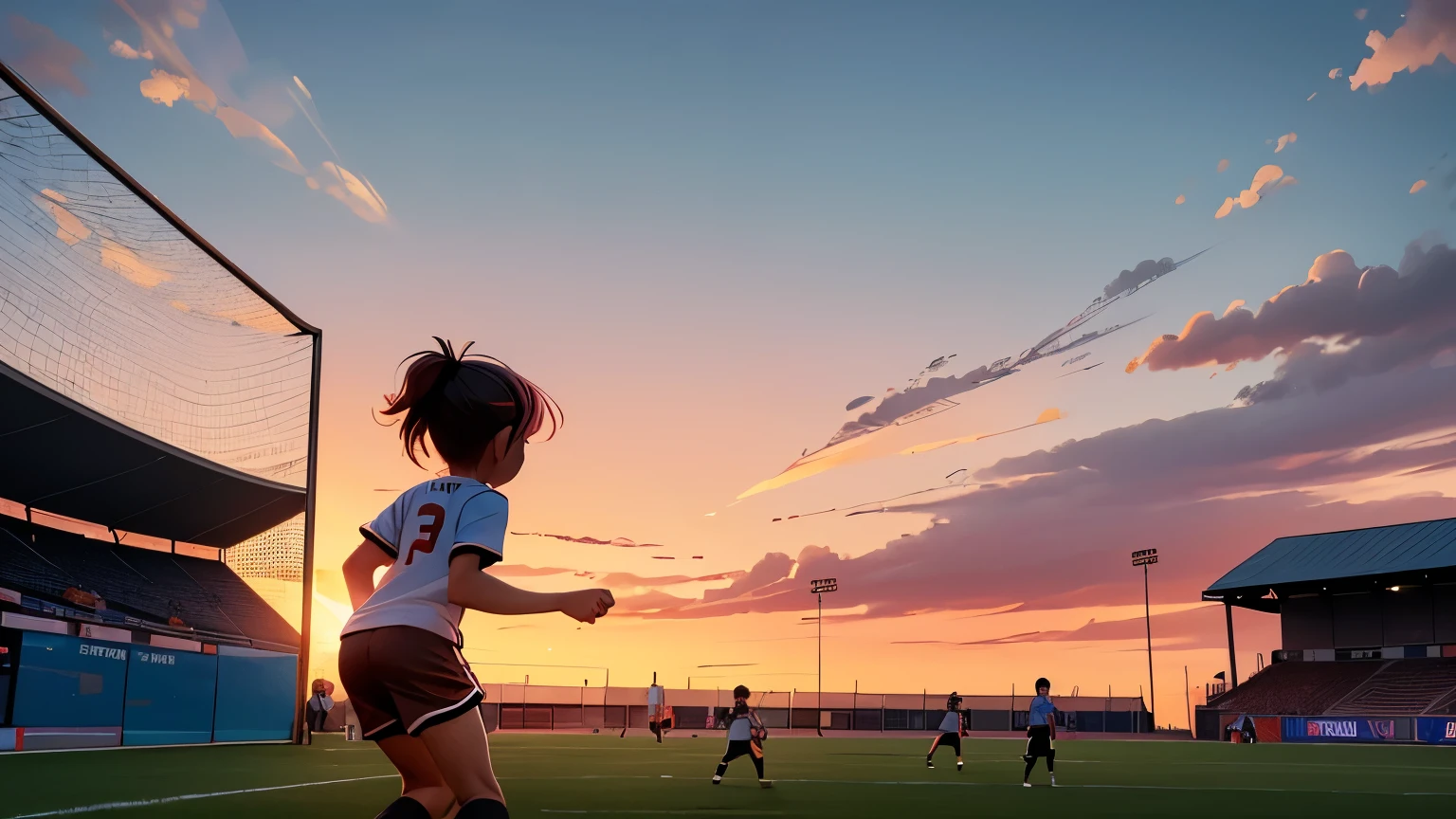 A football field at dusk, with the sun setting on the horizon. The sky is painted in shades of orange and pink. Em primeiro plano, a player is kicking a ball, while in the background, a group of children watch and applaud. On top of the field, there is a scoreboard that shows a 2-2 draw.