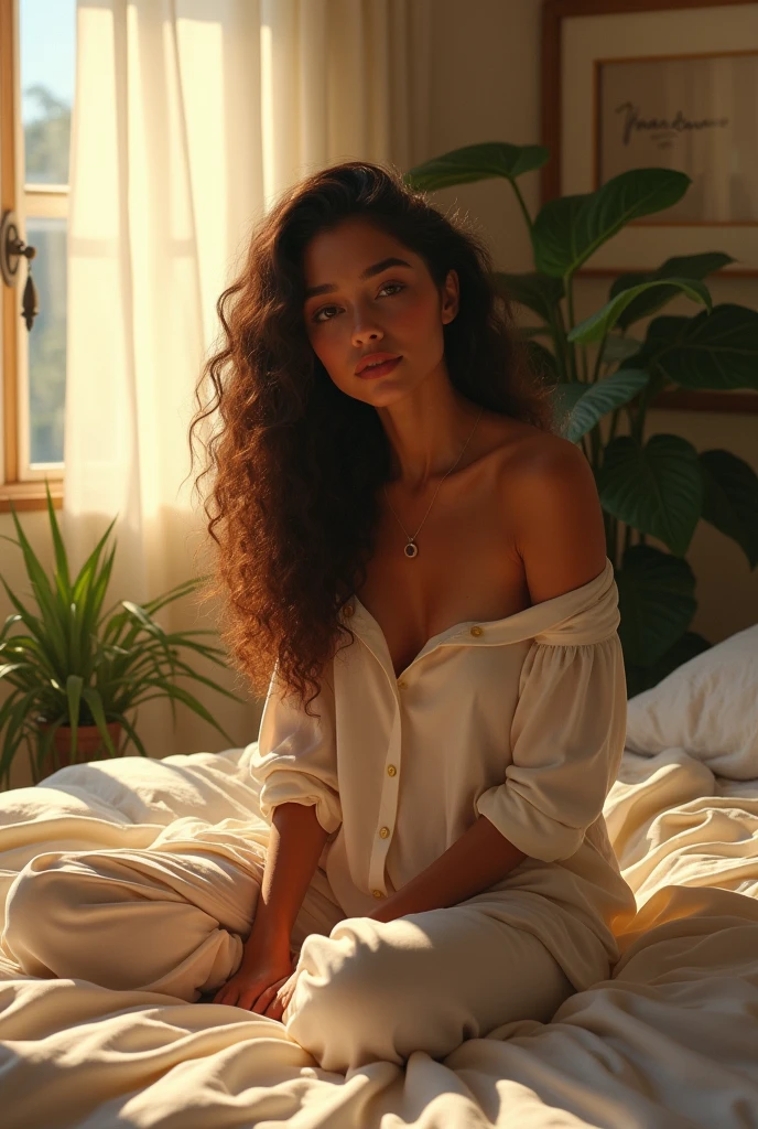 (photorealism:1.2), beautiful woman, sitting on bed, wearing loose off-shoulder top, pajama pants, long curly hair, indoors, soft lighting, plants in background, window with sunlight, cozy room, relaxed pose, realistic, intricate details, warm colors, by Greg Rutkowski, by Alphonse Mucha name written
on photo frame is nandani on her wall is nandani and her boyfriend strong bodybuilder doing sex with