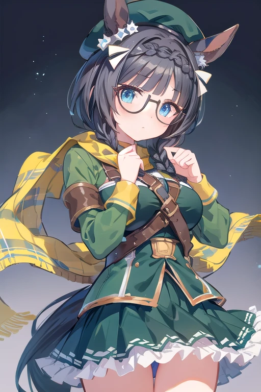 Beautiful illustrations、(masterpiece、Highest quality、8k ), (Beautiful details), Highly detailed face, Perfect lighting, Highly detailed CG, (Perfect hands, Perfect Anatomy), 1 cute girl,Girl, Cute Face, Black Hair,Horse tail, Animal ears, Side braid,Glasses、Big Breasts、thin,  Thighs、beret, Green jacket, Long sleeve, Green Skirt, scarf,Idol Pose、