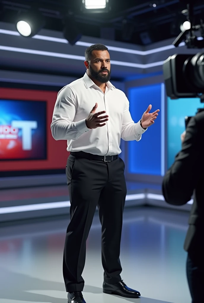 There is a muscular, bearded, mixed-race Brazilian man in a white dress shirt, black dress pants, black shoe, looking at a cameraman, gesturing, in a TV news, in a large journalism studio of a TV channel.