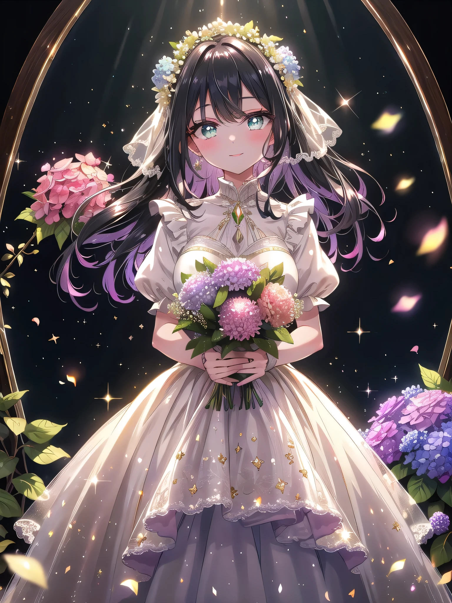 ((8k, Highest quality, masterpiece: 1.3)),Ultra-high resolution,(1 girl, alone), (Color changing eyes, Ultra-detailed, Expressive brilliance, Glitter, Glowing Eyes), Highly detailed eyes, Highly detailed face, Random Hair, ((pastel colour))Depict a woman standing in front of a grand, decorated fireplace adorned with garlands and softly glowing fairy lights. She’s holding a massive, vibrant bouquet filled with lavender, pink hydrangeas, and delicate white baby’s breath, wrapped in elegant ivory tulle with gold accents. The bouquet is so voluminous that it obscures part of her upper body, with blooms spilling over gracefully. Her long, straight raven-black hair is styled sleekly, and she’s wearing a classy, emerald green blouse with subtle embroidery at the cuffs. She looks directly at the viewer with a beaming, affectionate smile, her eyes glistening with pride and joy, her expression radiating warmth and heartfelt congratulations. Her pose is slightly tilted forward as she offers the bouquet, making it the centerpiece of the image. The background features soft, warm lighting and faint, glowing embers in the fireplace, with gentle, shimmering light effects enhancing the sense of celebration and intimacy.