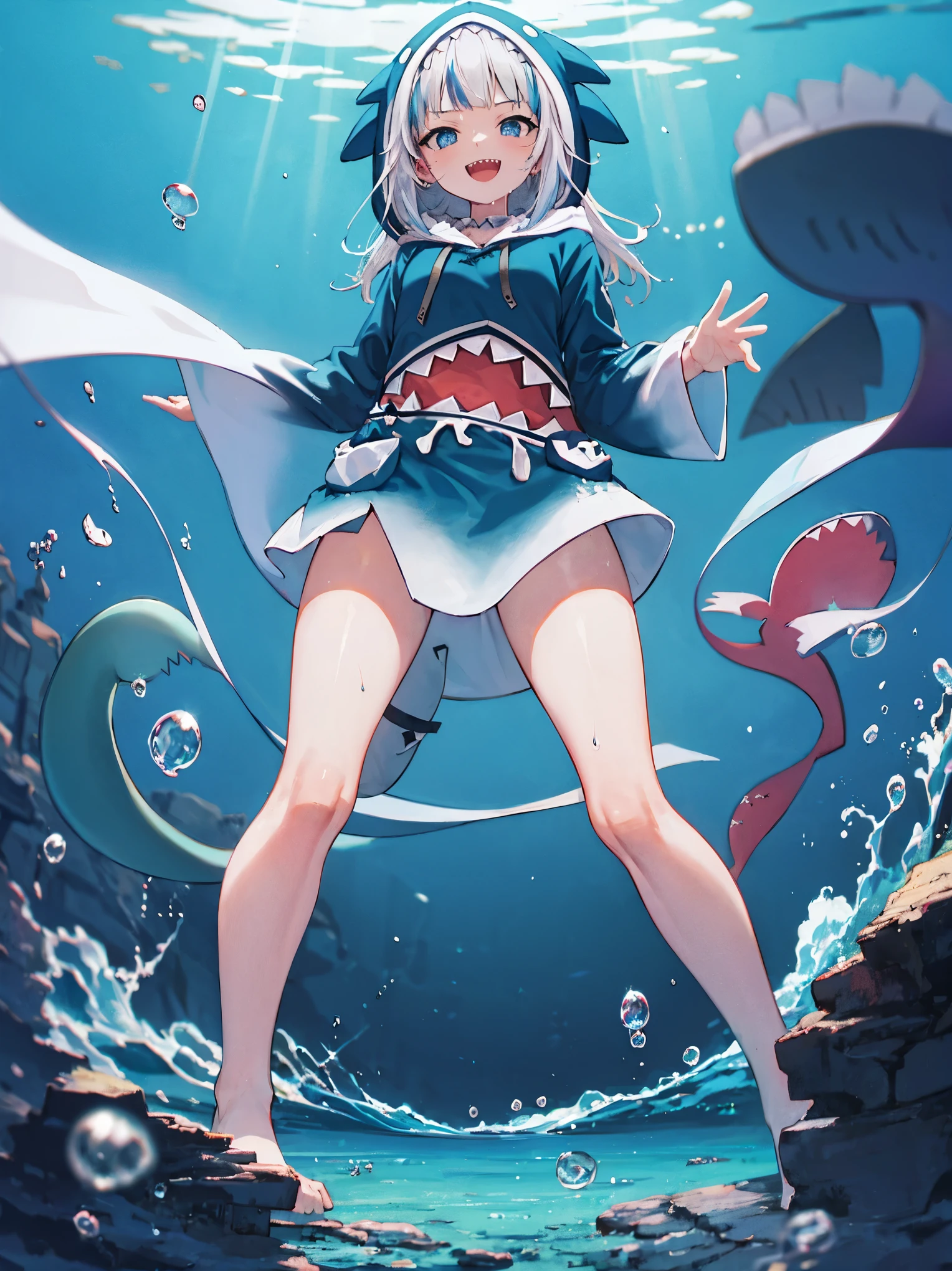 2d, masterpiece, best quality, anime, highly detailed, full body, ung_teerl, solo, gura_hoodie, blue hoodie, shark hood, standing, :d, sharp teeth, in_deep_sea_background , underwater_landscape,,bubble.happy,dynamic_floating_pose,rise_hands,open_legs, naked_legs,wet,claw_pose,tail,evil_smile,