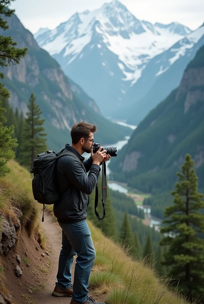 a man carry a camera in mountain with glasses
in close range