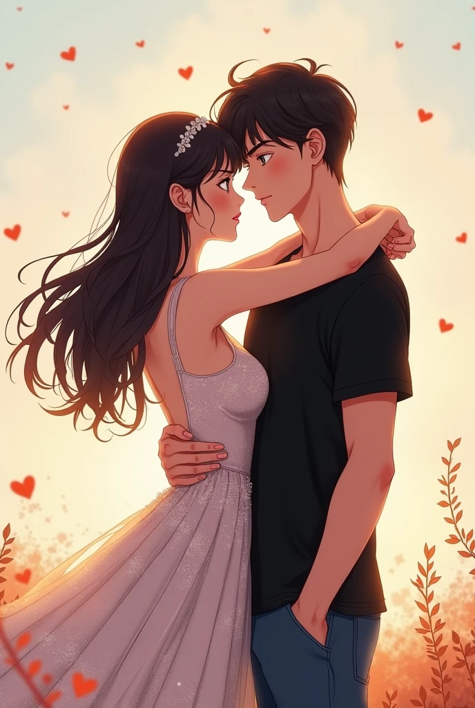 A woman wearing a beautiful dress hugging with a man wearing a black t-shirt and a jeans pants, they are in love, anime stye, wide shot portrait, no background