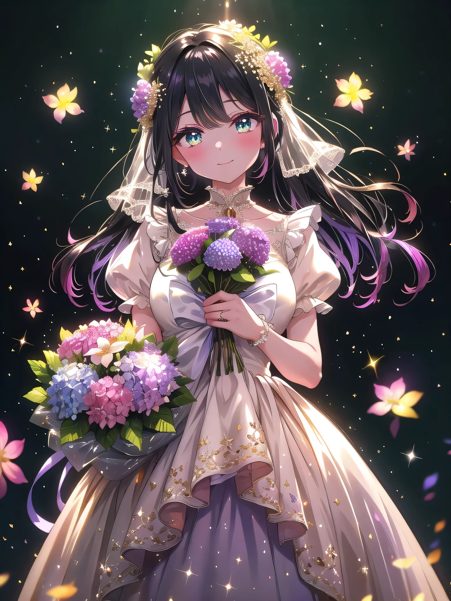 ((8k, Highest quality, masterpiece: 1.3)),Ultra-high resolution,(1 girl, alone), (Color changing eyes, Ultra-detailed, Expressive brilliance, Glitter, Glowing Eyes), Highly detailed eyes, Highly detailed face, Random Hair, ((pastel colour))Depict a woman standing in front of a grand, decorated fireplace adorned with garlands and softly glowing fairy lights. She’s holding a massive, vibrant bouquet filled with lavender, pink hydrangeas, and delicate white baby’s breath, wrapped in elegant ivory tulle with gold accents. The bouquet is so voluminous that it obscures part of her upper body, with blooms spilling over gracefully. Her long, straight raven-black hair is styled sleekly, and she’s wearing a classy, emerald green blouse with subtle embroidery at the cuffs. She looks directly at the viewer with a beaming, affectionate smile, her eyes glistening with pride and joy, her expression radiating warmth and heartfelt congratulations. Her pose is slightly tilted forward as she offers the bouquet, making it the centerpiece of the image. The background features soft, warm lighting and faint, glowing embers in the fireplace, with gentle, shimmering light effects enhancing the sense of celebration and intimacy.
