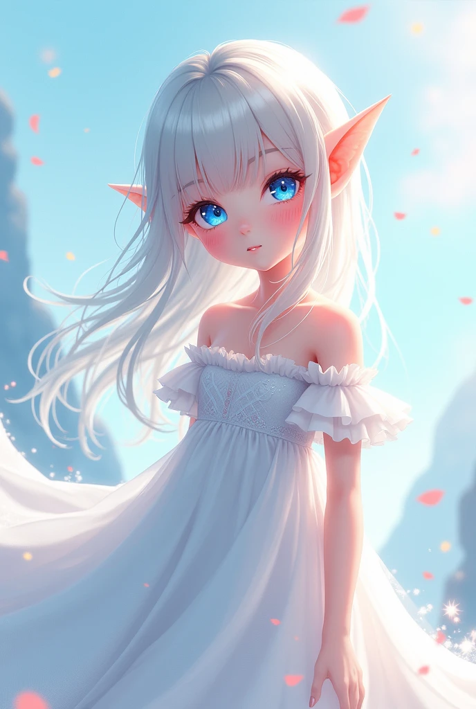 Young elf girl long ears thin blue and red eyes anime version with white dress 2d
