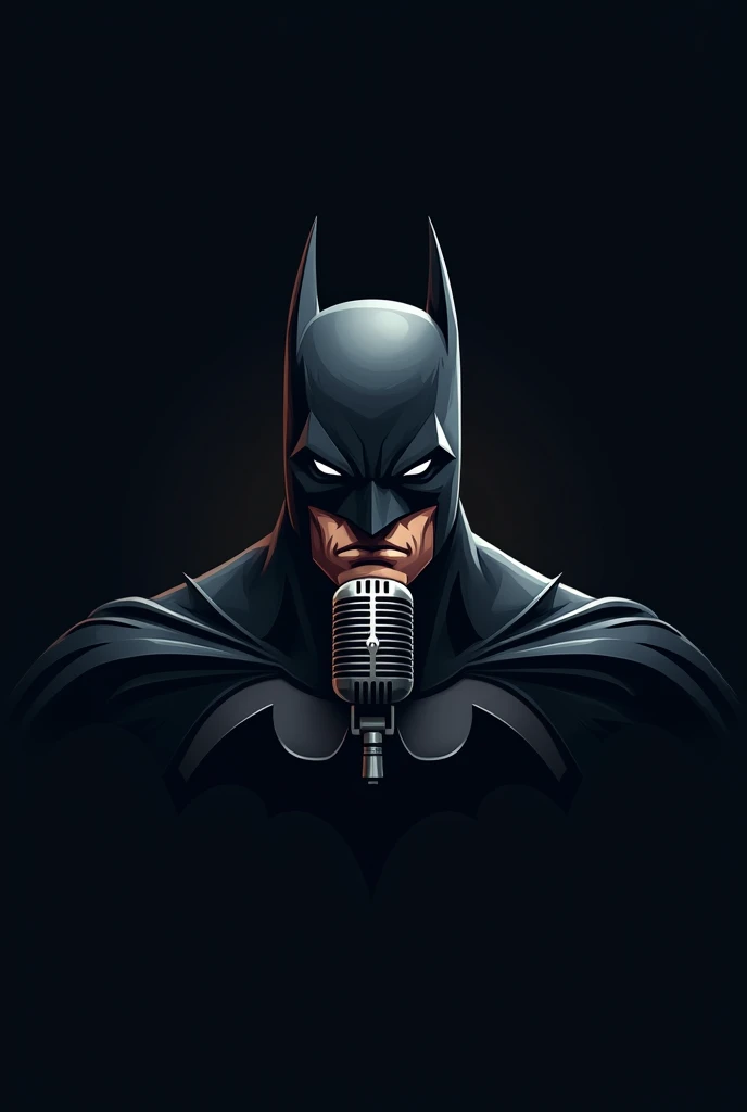 Escribe un logotipo que tenga la cara de batman conun microfono En eso. the color can be monochrome or something dark color but has light color too as long as it will emphasize the power of batman and her micro.