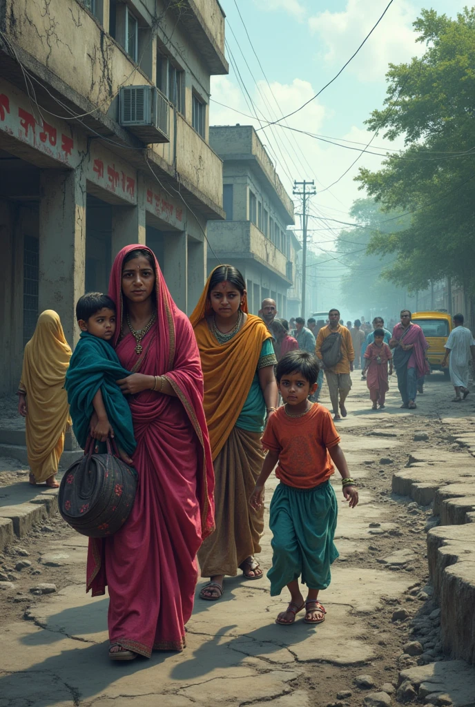 some indian people with their crying kids going to a worst cracked walls hospital beside a wide cracked road with traffic