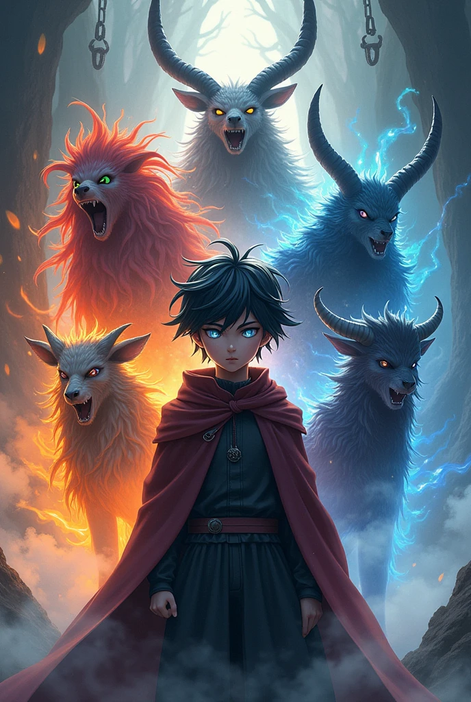 Create for me a boy of the male gender with black hair and white streaks and white eyes. He is in the front with a batkha pose and behind there are five puppets, one with fire characteristics, another poison, another with storm, another darkness and the last one fights with horns like the minitaur., the image is anime, The puppets have human characteristics, the poisonous ones have scales, the fire ones have fire coming out of them, the storm ones have fog.